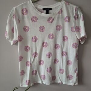 Forever 21 White Tee with Pink and Gold Donut Design